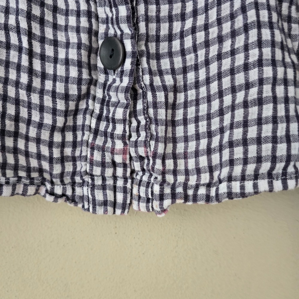 FLAX Women Navy White Gingham Linen V-Neck Button Front Boxy Top Size M - Picture 3 of 7